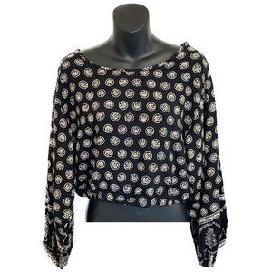 NWT Nicole Miller Black White Boho Long Sleeve Cropped Top Blouse- Medium M